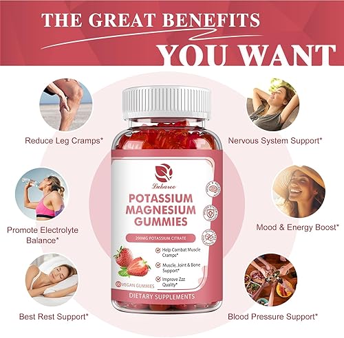 Miniatura 5 de Gomitas de potasio y magnesio, glicinato de magnesio de alta absorción 500 mg y citrato de potasio 200 mg más Omega 3, B6, D3, K2 y calcio, gomita