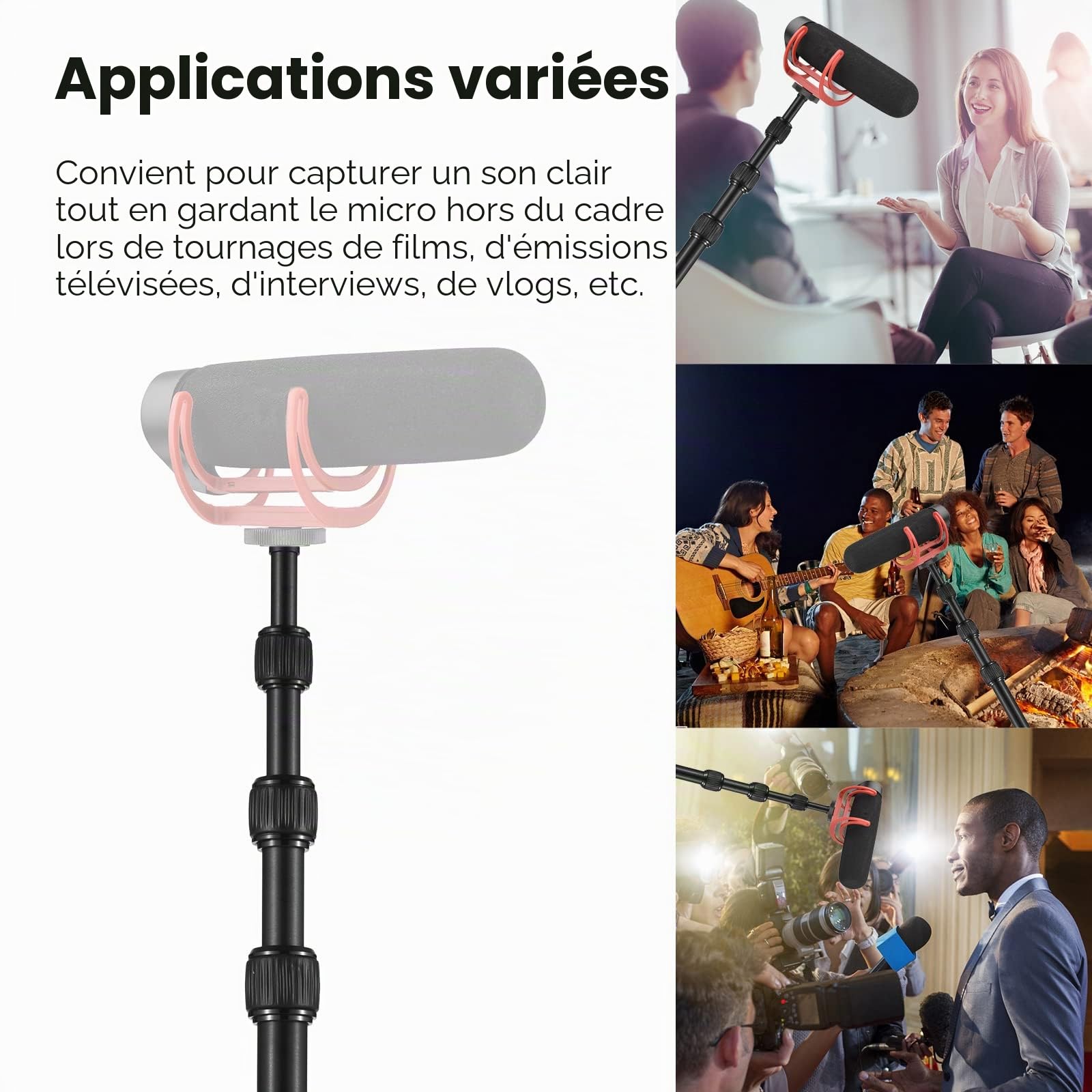 Andoer Bras de Microphone à Main Bras de Micro Extensible à 6 Sections en Alliage d'Aluminium Perche pour Microphones Vis et Filetage 1/4 Pouce avec Serrures en Mousse Twist Locks Longueur Réglable