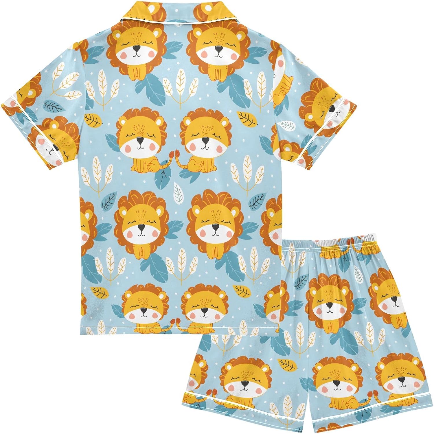 Kids Casual Satin Wear Set Cartoon Wildlife Lovely Lion Pattern Unisex Short Sleeve Clothing for Relaxing