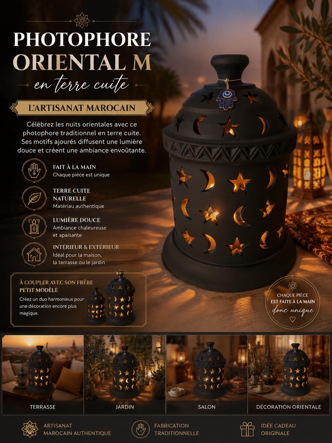 Portavelas orientales M de terracota – Farol artesanal marroquí hecho a mano – Decoración interior y exterior – Ambiente luminoso oriental – Pieza única