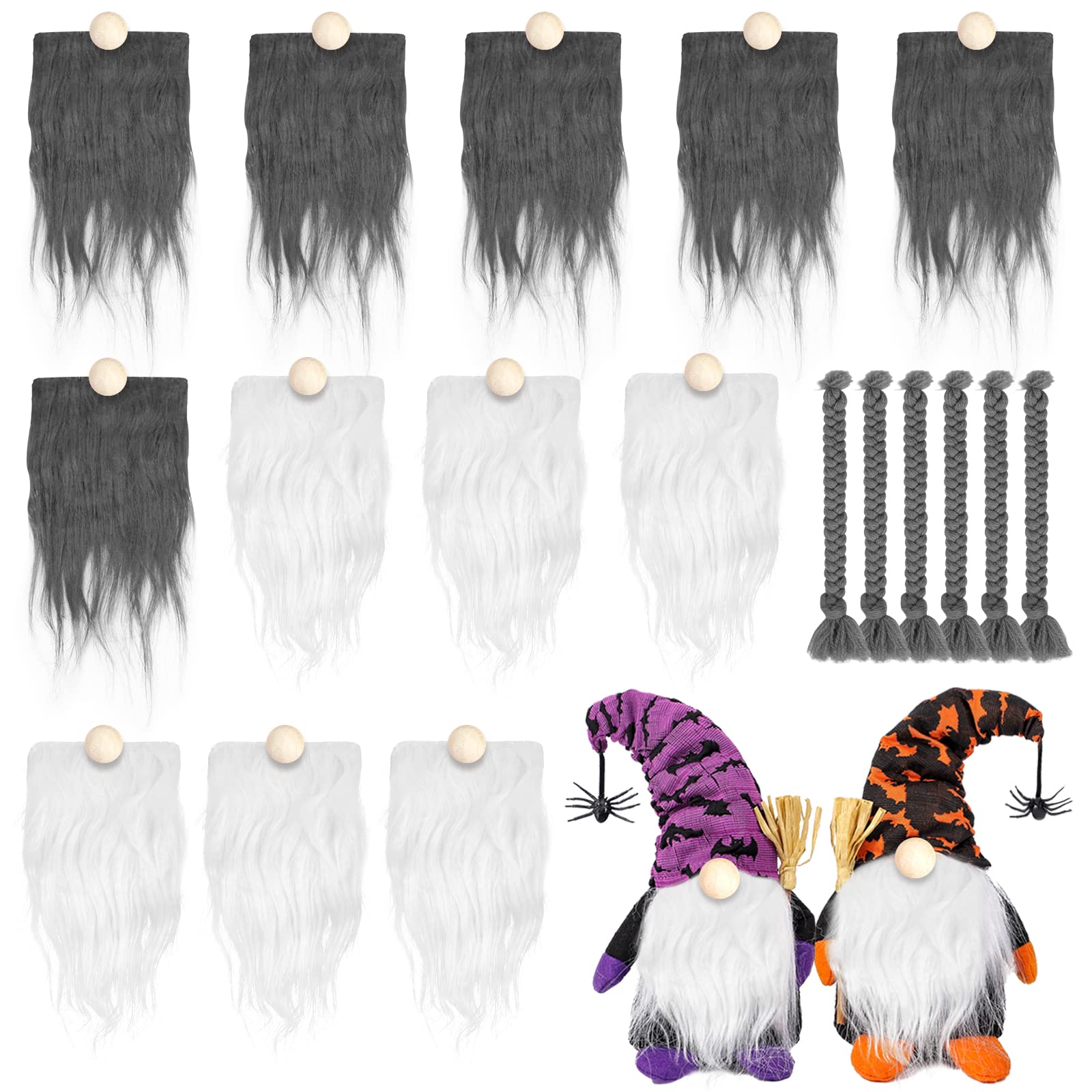 APODESS 18 Pcs Precut Gnome Beard,Halloween Gnome Faux Fur Costume Beard Handmade Dwarf Beard with 12 Pcs Wooden Balls for Crafts Christmas,Valentine's Day,Easter Party Decor