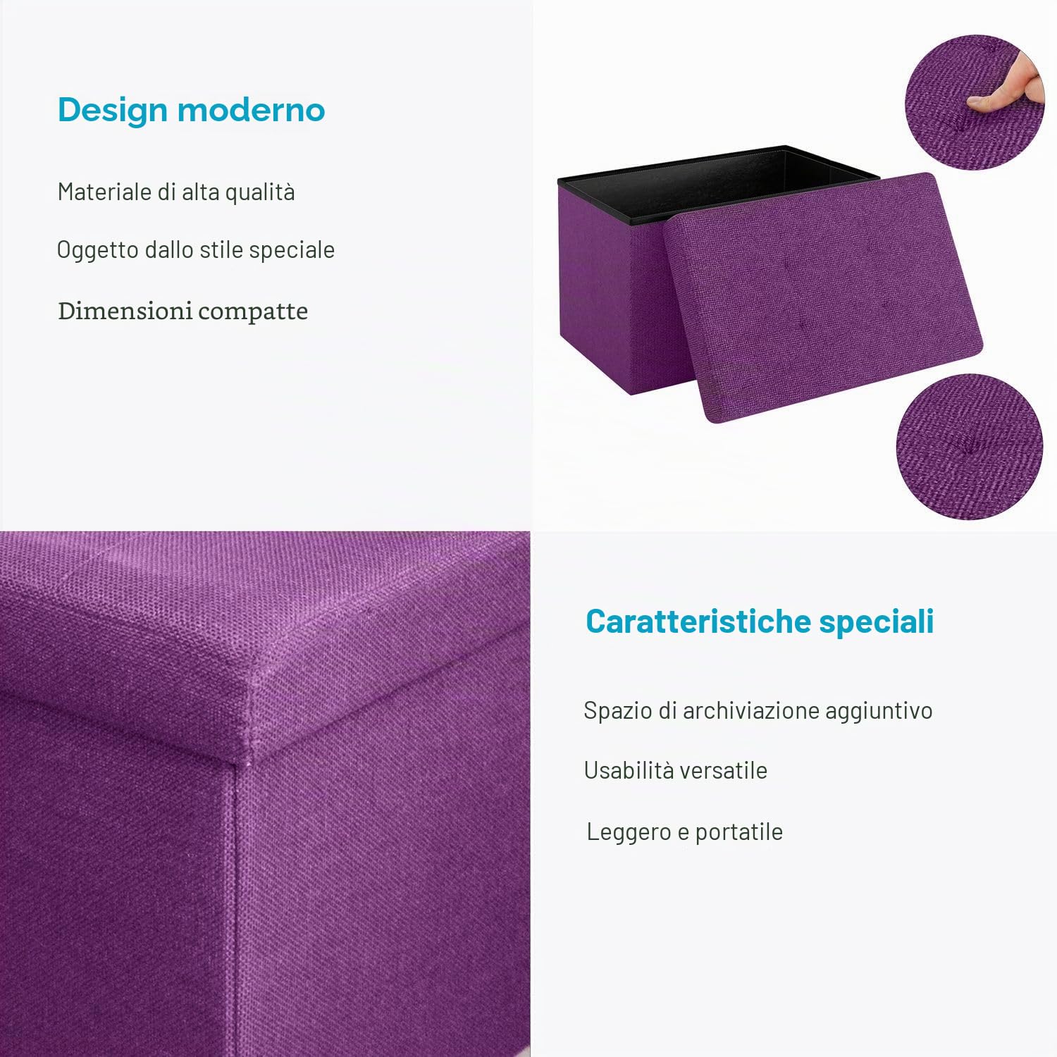 INTIRILIFE Panca pieghevole 49x30x30 cm in VIOLA - Cubo di seduta con coperchio e vano portaoggetti in tessuto con incavi Cubo di seduta poggiapiedi richiudibile cassetto portaoggetti sgabello sedile
