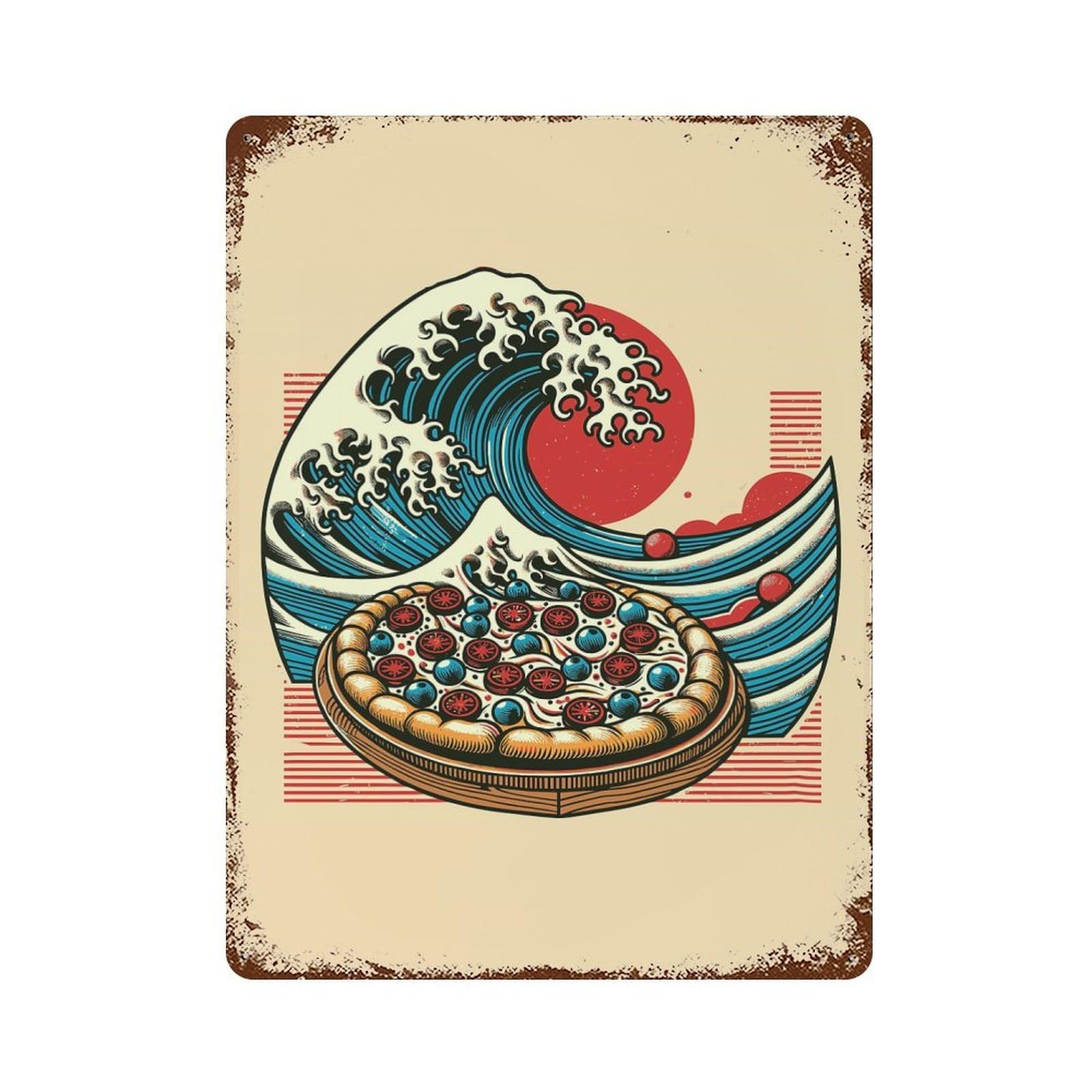 Pizza Wave Weathered Tin Sign 15.7"x11.8", Rustic Home Decor for Office, Studio And Wall Decor