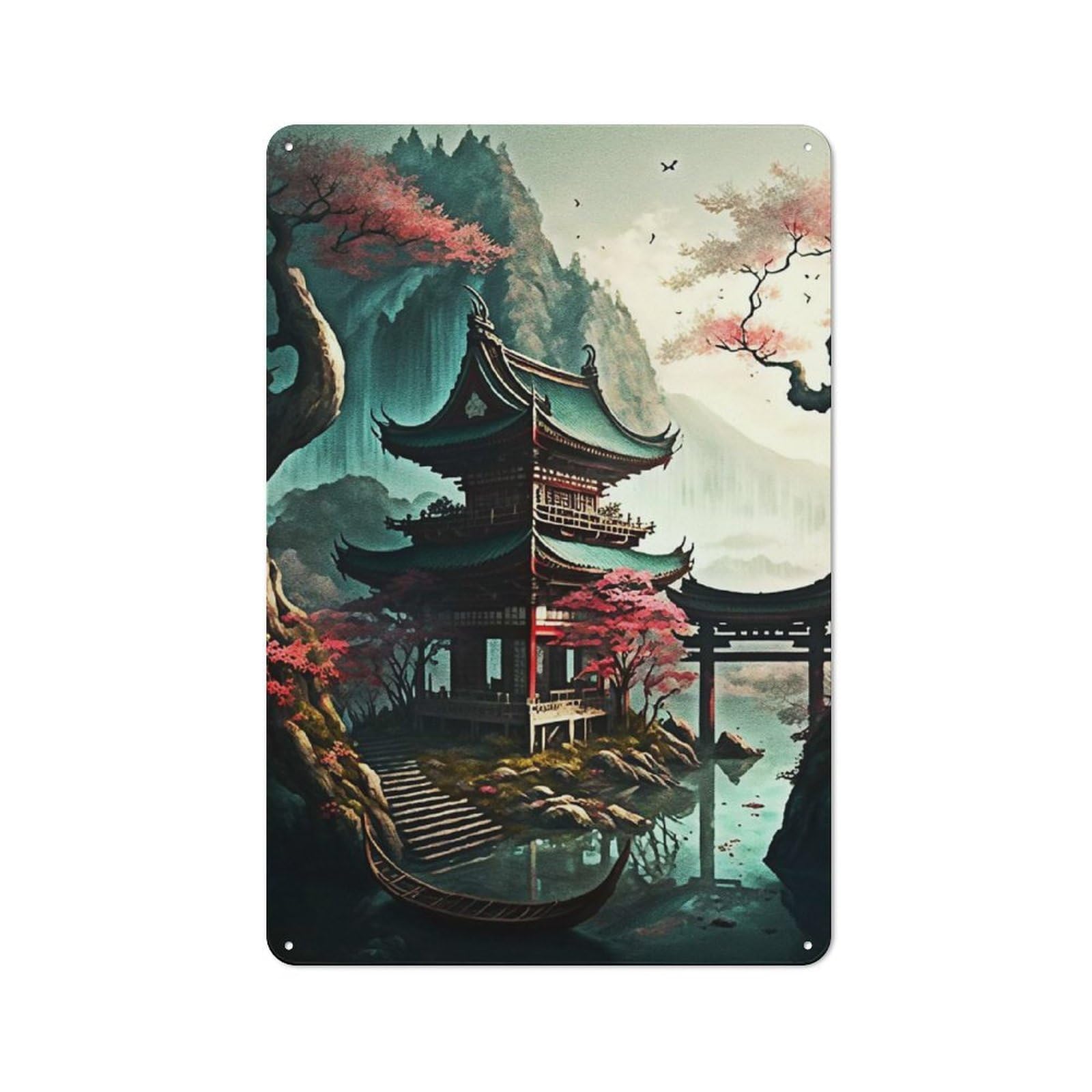 Junmoney Japanese Village Fantasy Casual Metal Wall Decor 30X20cm, Tin Sign For Greenhouse, Garden Room, Cafe Or Entryway