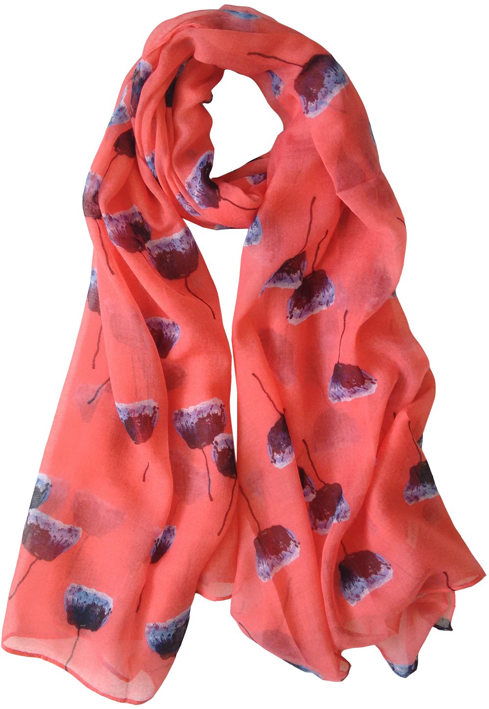 Glamlondon Women's Coral Pink Painted Poppies Print Scarf Poppy Flower Fashion Floral Shawl Wrap (Coral Pink)