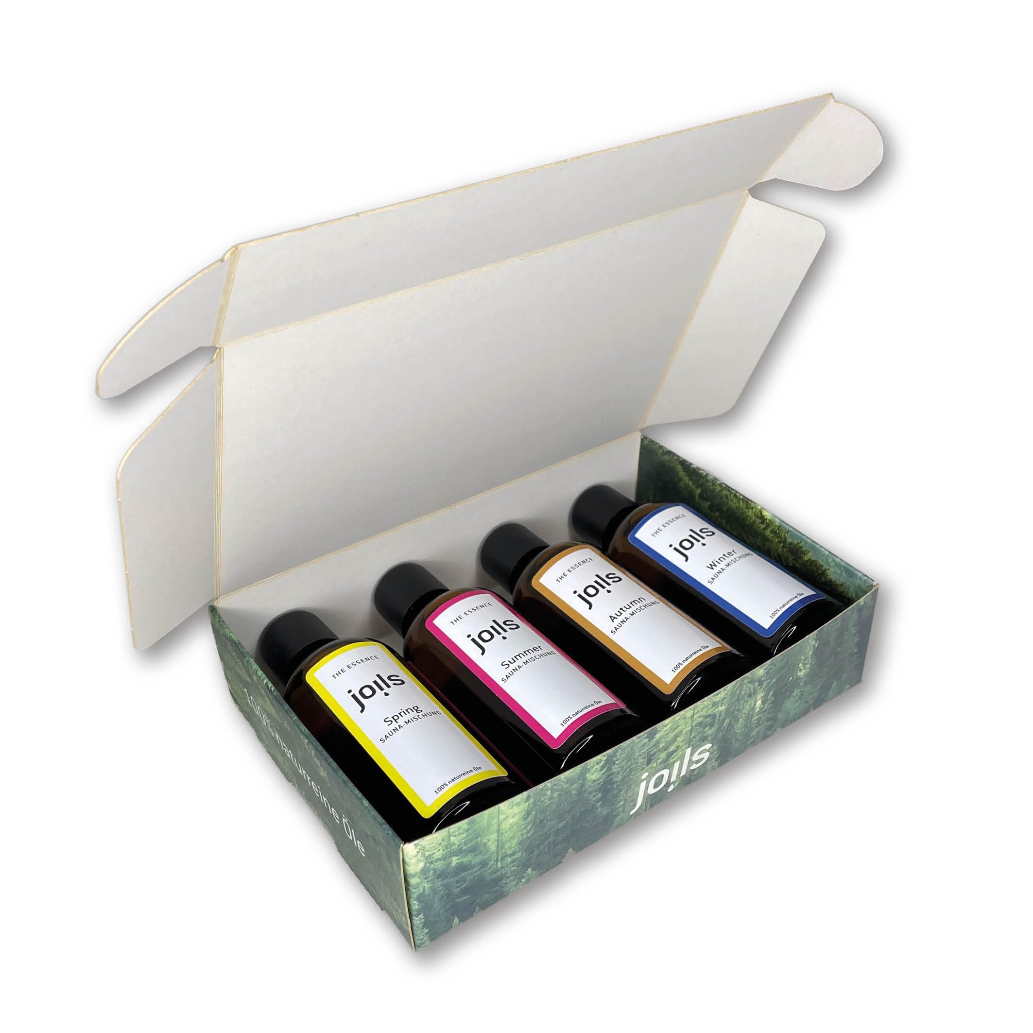 JOILS® Saunaaufguss Set "4-Jahreszeiten", 4x100ml, 100% naturreines Öl für Ihre Sauna, BIO-Saunaöl im Geschenkset, vom Familienbetrieb aus dem Schwarzwald, handabgefüllt
