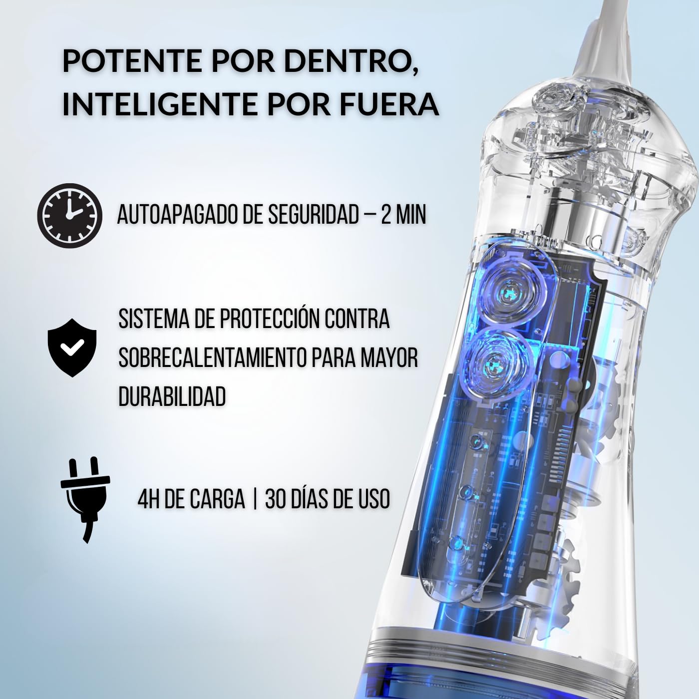 Irrigador Bucal Inalámbrico Aurallys, IPX7 Impermeable, Incluye 7 Boquillas, Batería 2000mAh, Tanque 280ml, 3+DIY Modos, con Modo Personalizable (Azul y Blanco)