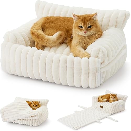 Bonita cama para gatos con funda extraíble, sofá multifuncional de piel sintética de felpa para mascotas con manta, muebles ultra suaves para