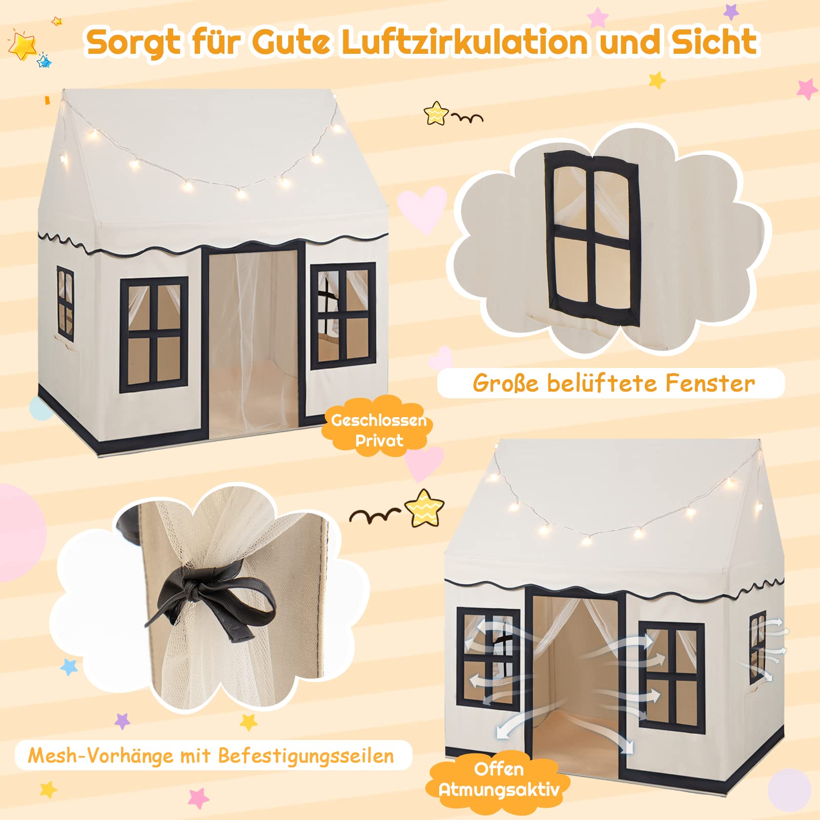 COSTWAY Kinderspielhaus mit Sternenlichtern, Prinzessin Prinzess Kinderzelt mit Fenstern & Netzvorhängen, Kinderspielzelt Spielzelt Spielhaus für Jungen und Mädchen (Beige)