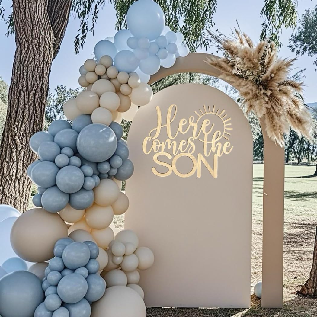Wooden Here Comes The Son Sign for Backdrop,Baby Shower Wall Decorations Sign for Sunshine Boys Gender Reveal Balloon Arch Pregnancy Wall Photo Props