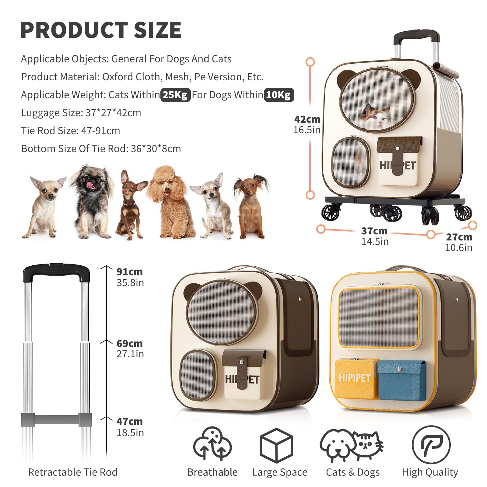 PETCUTE Transportín para Mascotas con Ruedas,Carga de 12.5 kg,Mochila para Perros con Asa Telescópica,Mochila Plegable para Gatos con Alfombrilla Extraíble,para Viajes/Senderismo,Marrón
