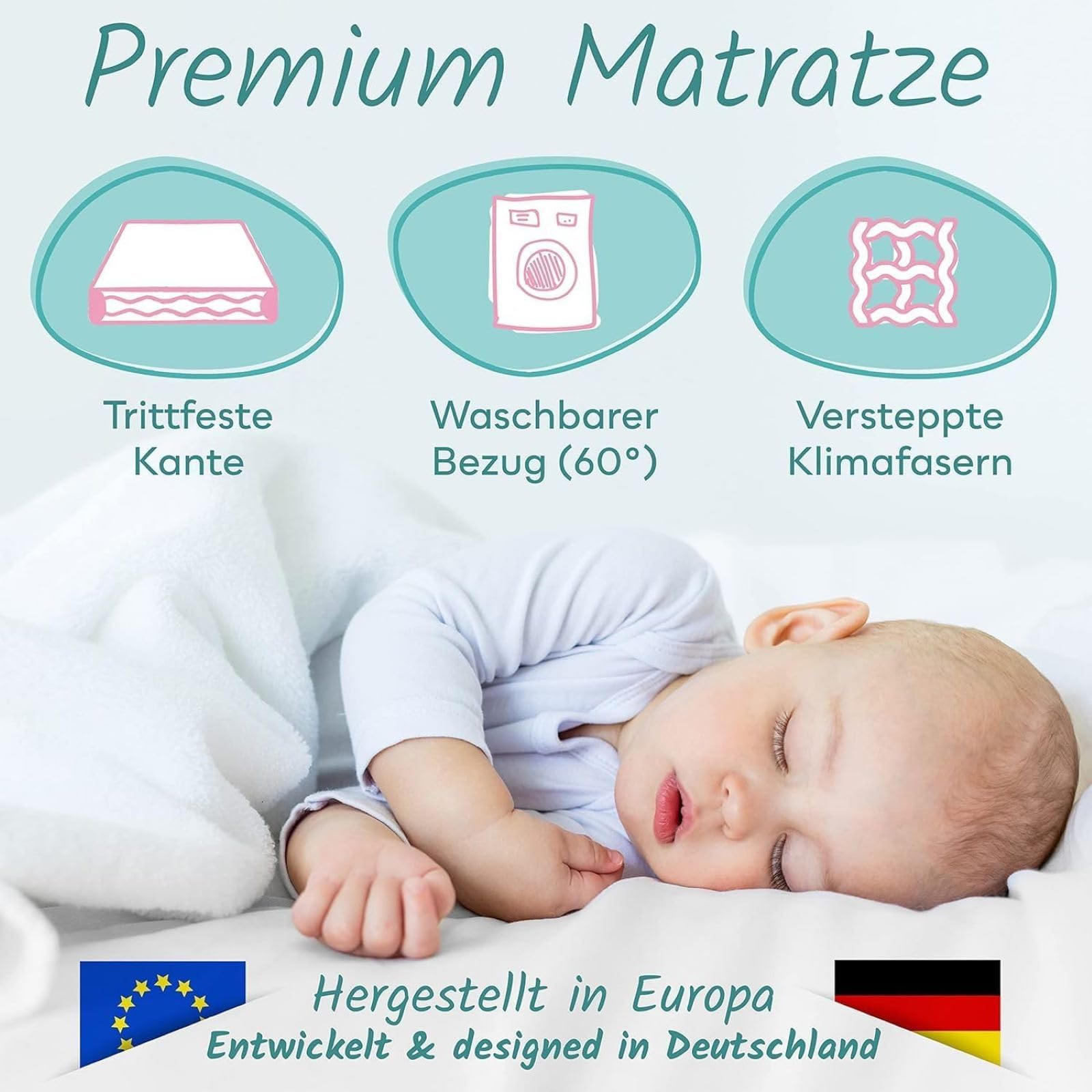 Sun Garden Babymatratze, Kindermatratze 60x120 cm mit Trittkante, Oeko Tex 100 Zertifiziert, Baby Matratze für Babybett, Kinderbett oder Reisebett, Bezug bis 60°C Grad waschbar