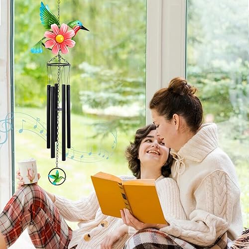 Miniatura 4 de MUMTOP Campanillas de viento de colibrí para exteriores, de metal, de tono profundo, conmemorativo, simpatía, campanillas de viento con flor para