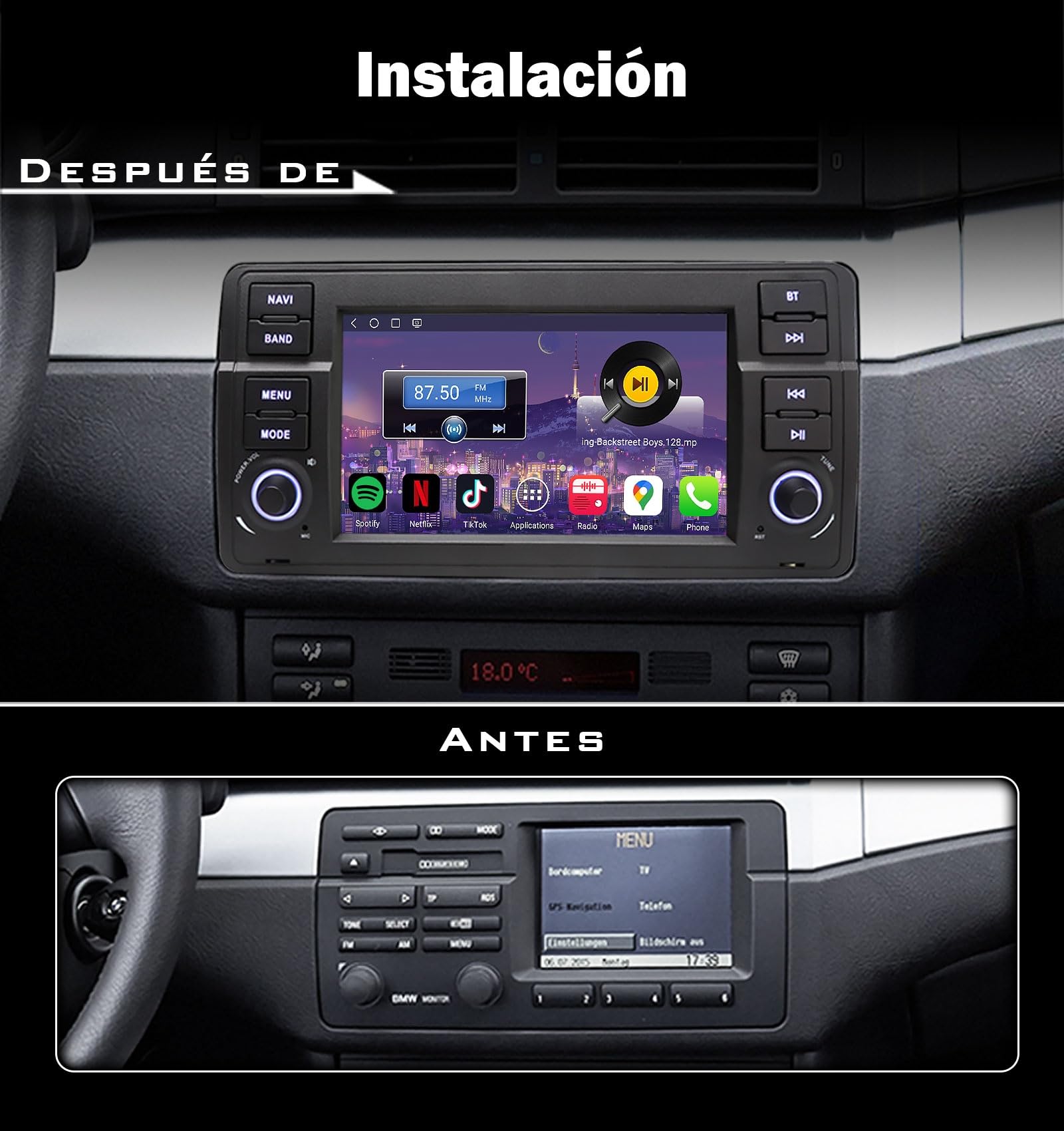 Erisin Qualcomm 8-Core Android 14 4GB+64GB GPS Navegación Estéreo de Automóvil para BMW Serie 3 E46 MG ZT Rover 75 7" Radio Coche IPS Pantalla CarPlay Android Auto Bluetooth 5.1 WiFi 4G DSP Canbus