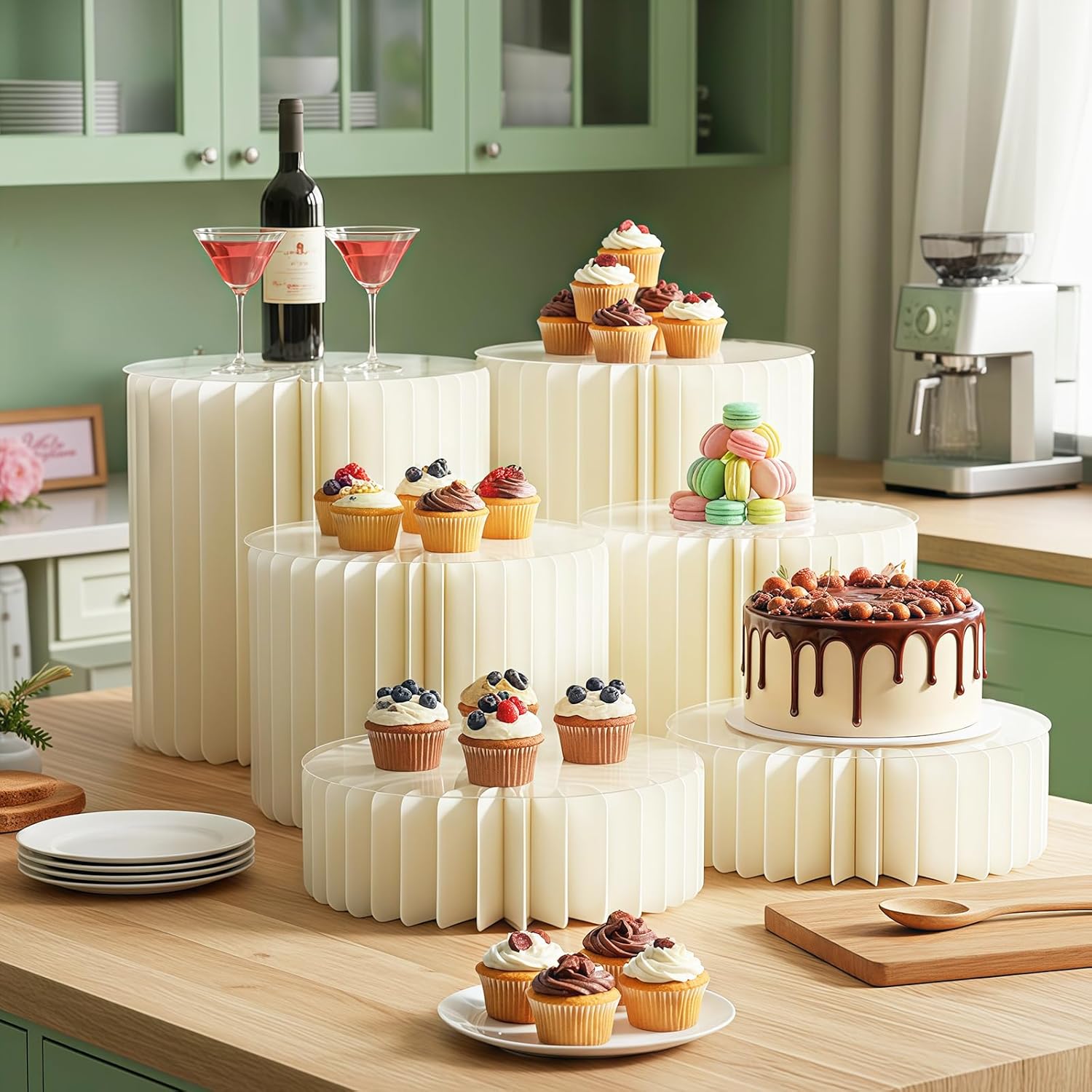 6 Pack Buffet Risers, Acrylic & Cardboard Foldable Cake Display Stands for Dessert Table, Tall Cake Riser Columns for Wedding, Birthday, Party Decoration – Multi-Level Dessert Stands for Cupcakes, Treats & Display