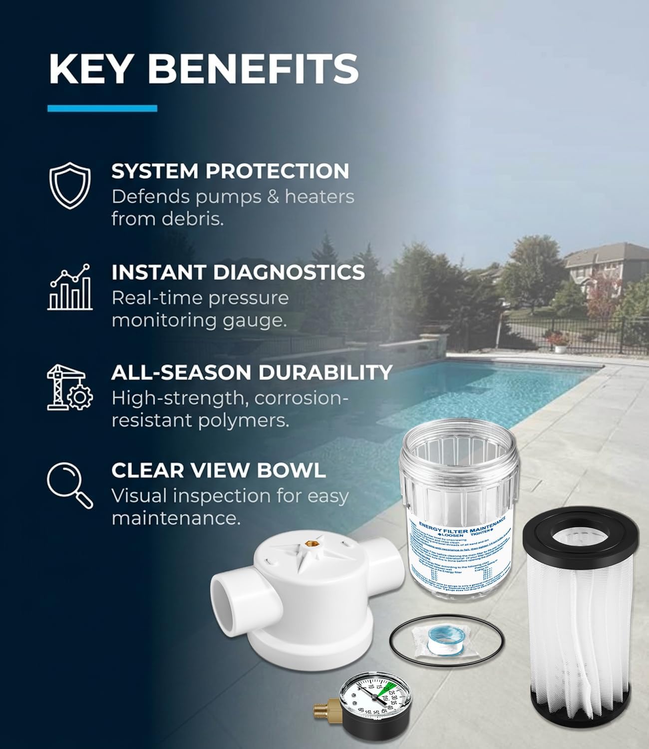 2888 Energy Element Filter Kit with Pressure Gauge, Compatible with Jandy Ray-Vac Pro Series (1 1/2" or 2"), Replacement for R0374600 Swimming Pool and Spa Filter Assembly