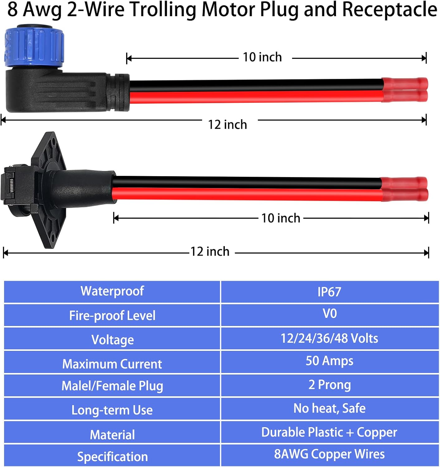 Trolling Motor Plugs for Minn Kota 12V/24V/36V/48V 2-Wire 8 Gauge 50A Trolling Motor Plug Receptacle Set for Marine Boat Down Rigger Fishing Reel,Male & Female Watertight Quick Connect