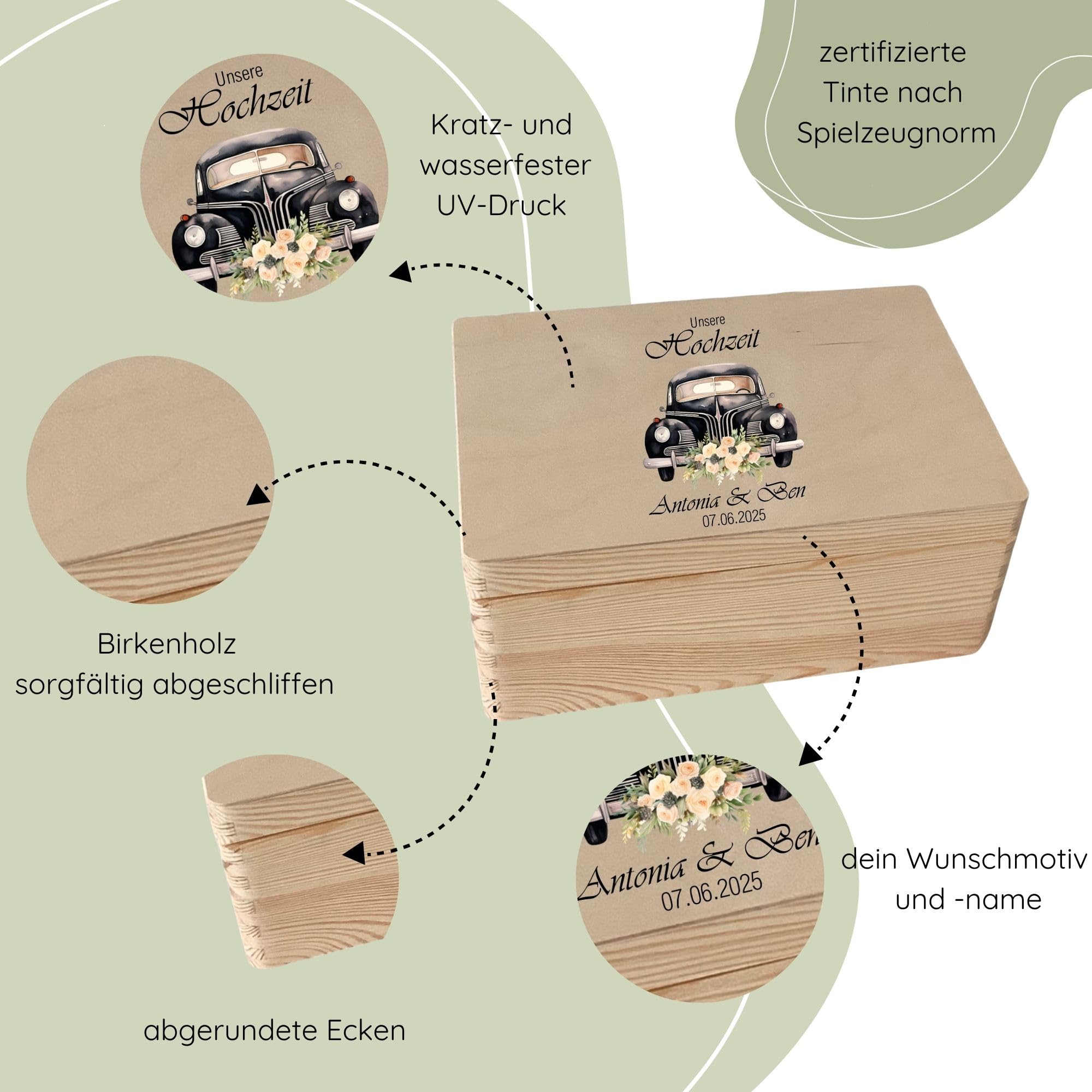 Erinnerungskiste Hochzeit aus Holz - Personalisiert mit Name - Aufbewahrungsbox Hochzeitsgeschenk Geschenkbox L (40x30x13,5 cm) Auto