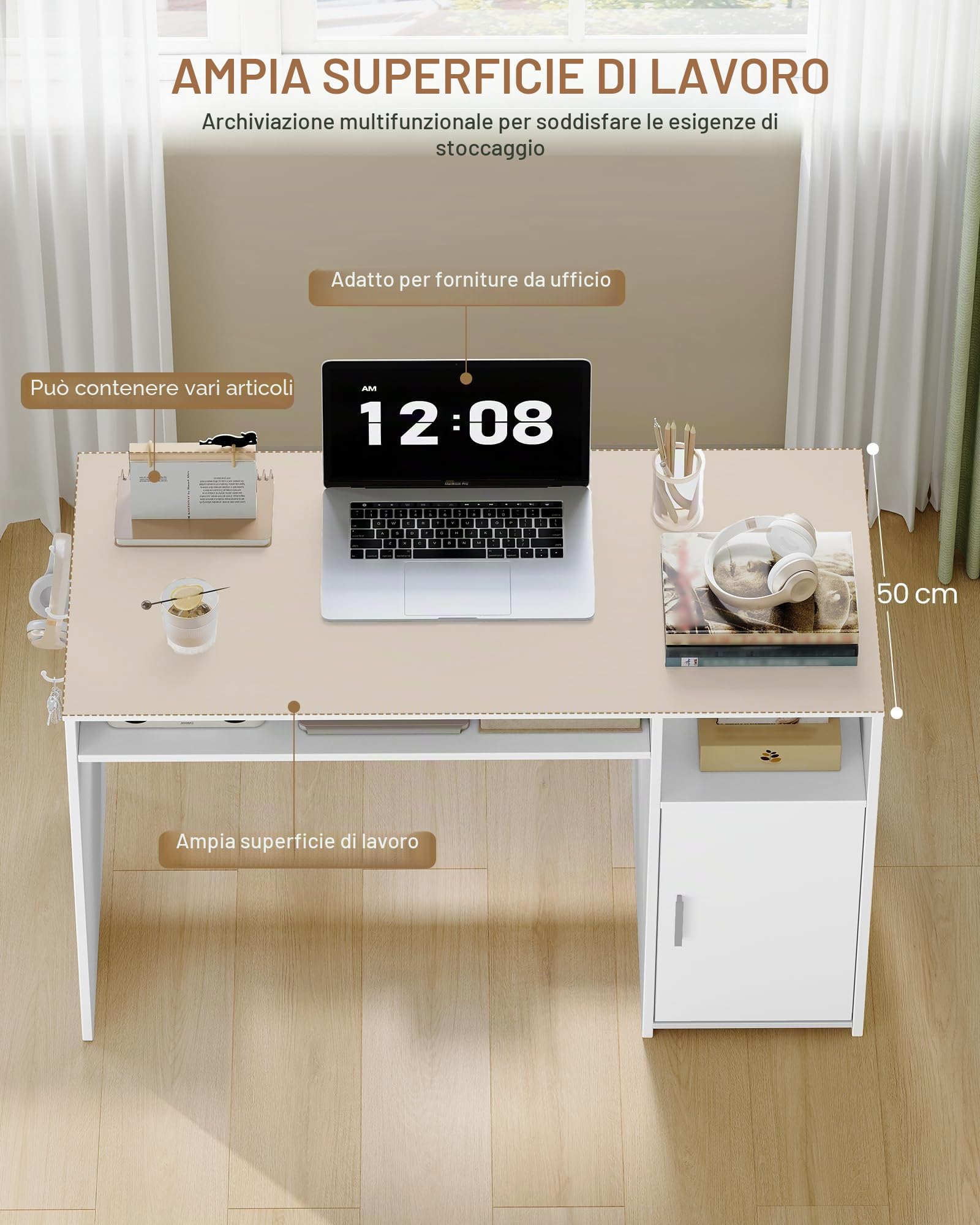 Hzuaneri Scrivania per Computer, Scrivania Ufficio con Ripiani, Tavolo Moderno con Deposito, per Studio, Ufficio, Camera da Letto, 50 x 108 x 75 cm, Bianco CD10103X