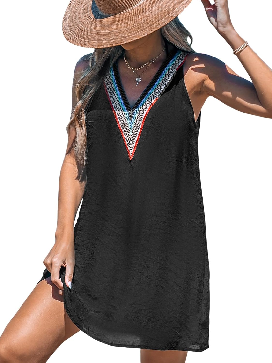 CUPSHE Womens Sleeveless Swimsuit Coverups Casual T-Shirt Beach Tank Dress Lace Trim Bikini Swim Cover Up