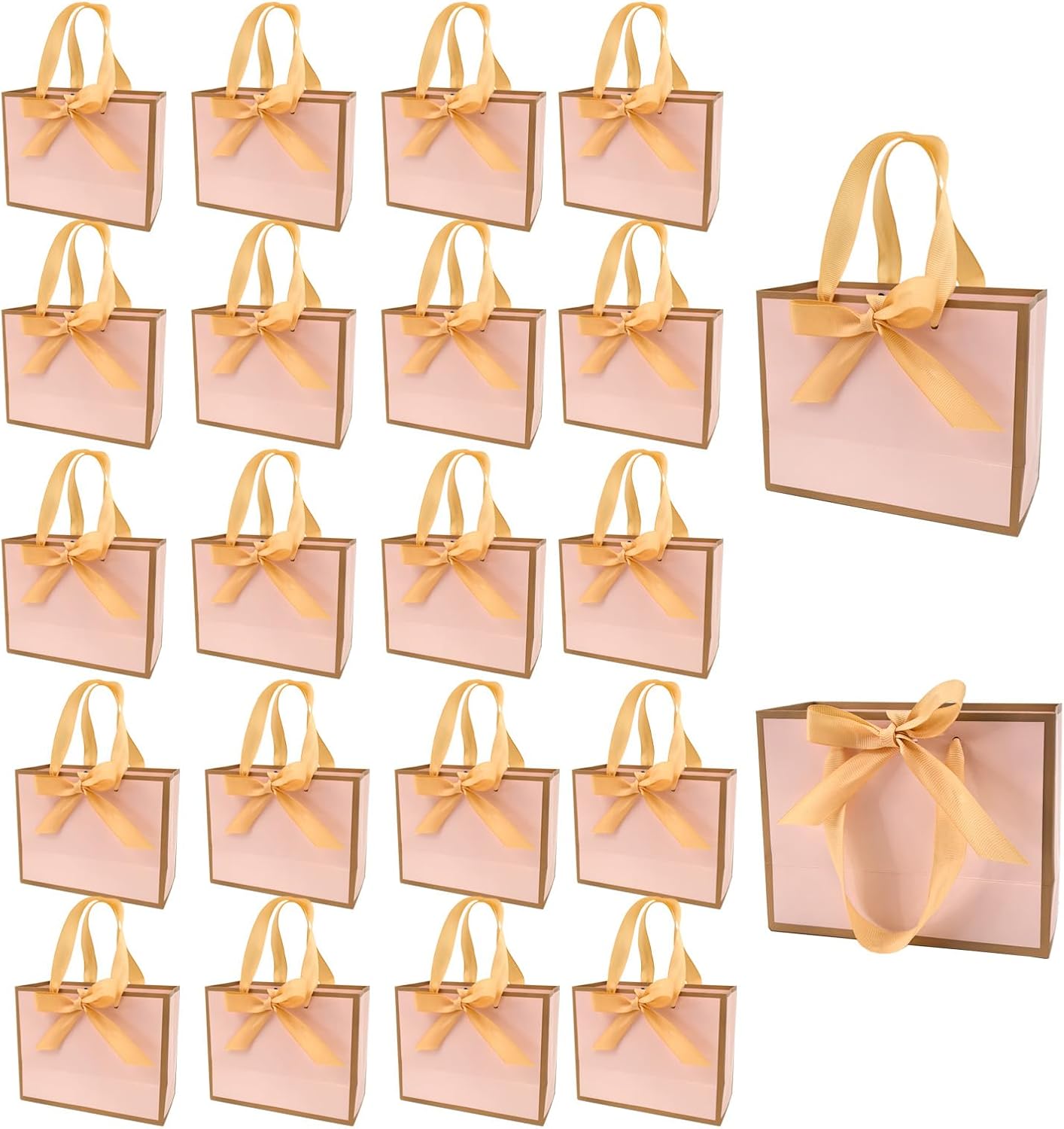 TKSBAG 100 Pack Pink and Gold Gift Bags with Bow Handles, 6.4×3.1×5.1 In Small Thank You Bags Bulk for Birthday, Weddings, Baby Shower, Party Favors, Thanksgiving, Christmas pink gold 1 Count (Pack of 100)
