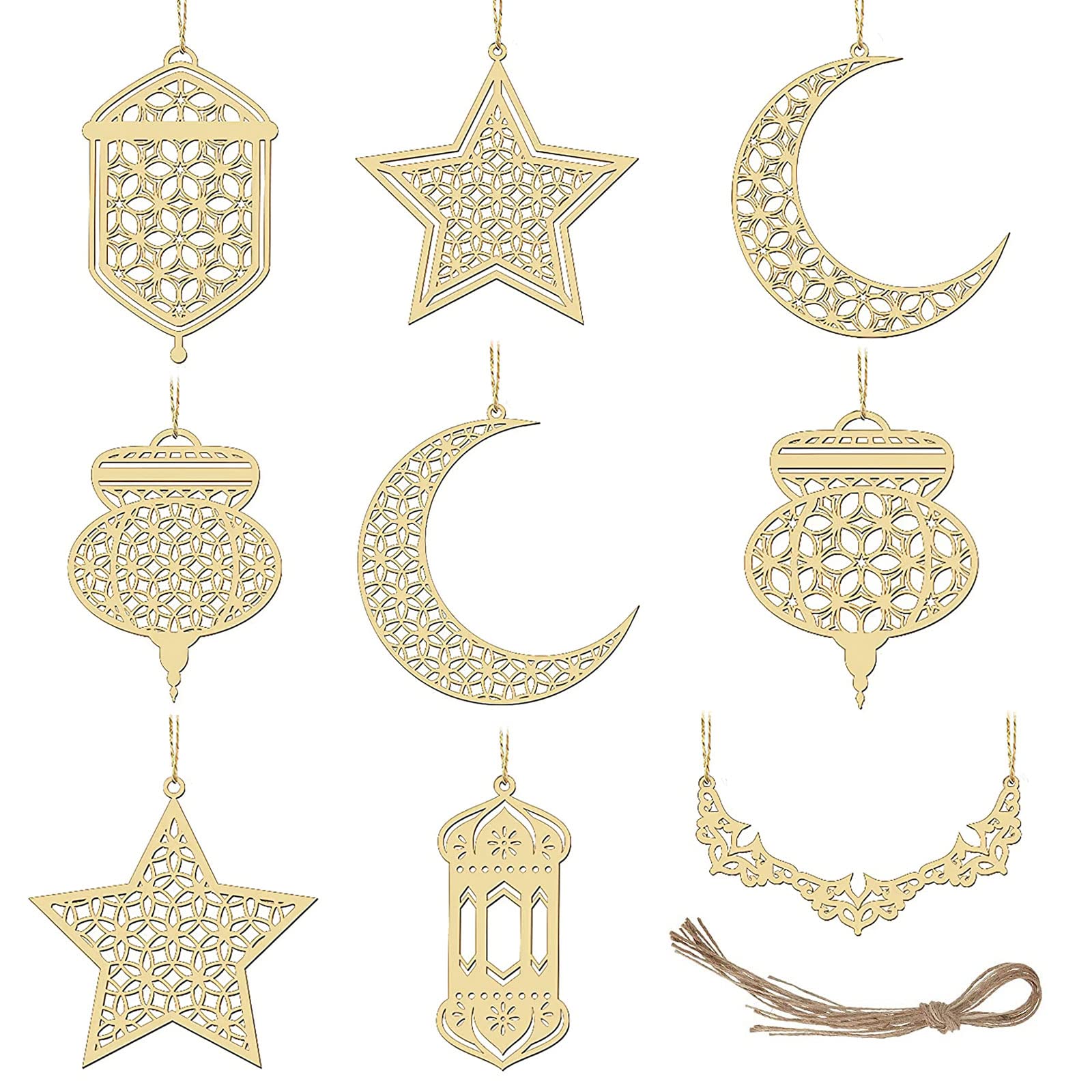 CHAVA Ramadan Wooden Ornament, 9pcs Moon Star Pendant Ramadan Kareem Hollow Lantern Wind Light Hanging Pendant Ornament Eid Mubarak Decoration