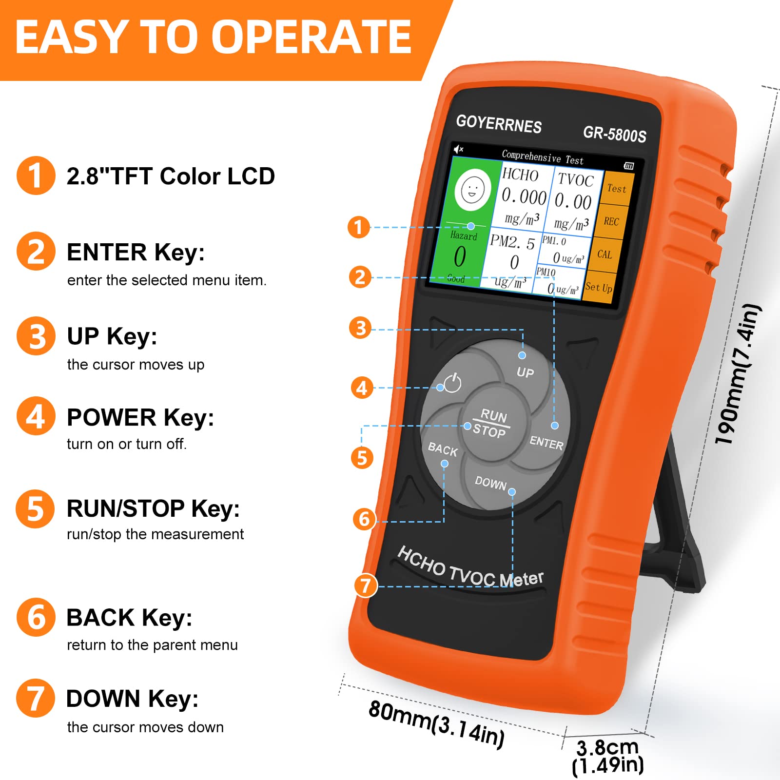 medidor Calidad Aire Interior 3-in-1,GR-5800S Detector HCHO/TVOC con Contador de partículas PM2.5,Detector de Gas de Aire Multifuncional con Pantalla de LCD Grande (Naranja)