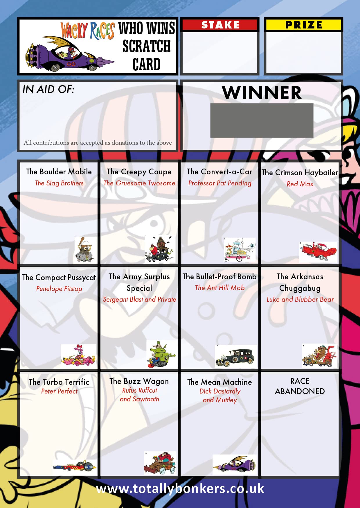Totally Bonkers RACING (Wacky Races) Fundraising Scratch Cards - 12 SQUARE - 10 Pack, Multicolor, A6