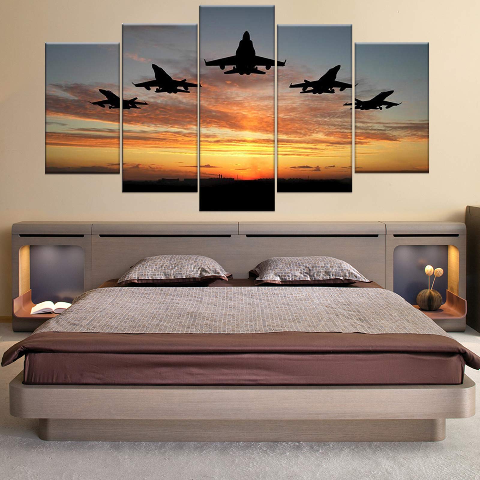 HAOSHUNDA 5 impresiones en lienzo con forma F18 al atardecer en la puesta del sol arte de la pared del avión militar, cuadros de lona estirados y enmarcados para decoración del hogar (12 x 20 x 2,12