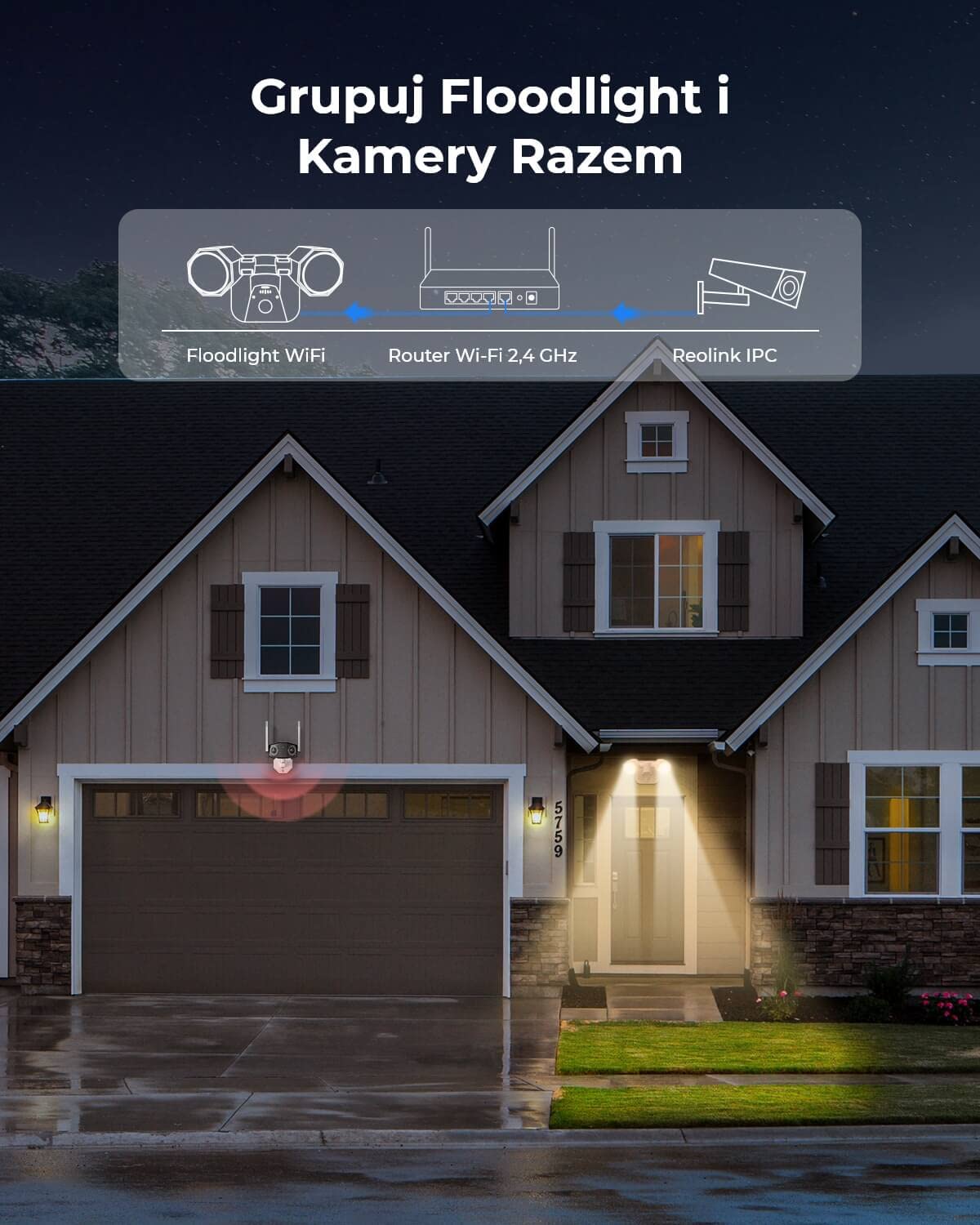 Reolink Floodlight WiFi do Zewnętrznej Kamery Bezpieczeństwa, Oszczędność Energii, Wbudowany Czujnik PIR, Połączony z Kamerami Reolink, 3 Tryby Oświetlenia, WiFi Floodlight | Oszczędność energii, wbudowany czujnik PIR, połączony z kamerami, 3 tryby światł