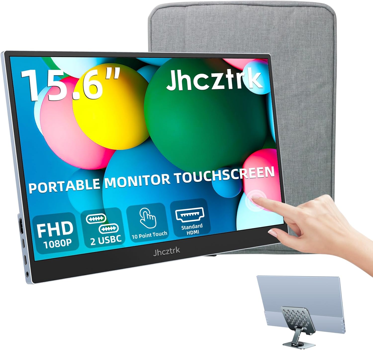 15.6’ Touchscreen Portable Monitor, Full HD 1080P Ultra-Thin Metal Frame 100% sRGB USB C External Monitor for Laptop PC Mobile Mac Xbox PS5/PS4 Switch with Stand and Bag