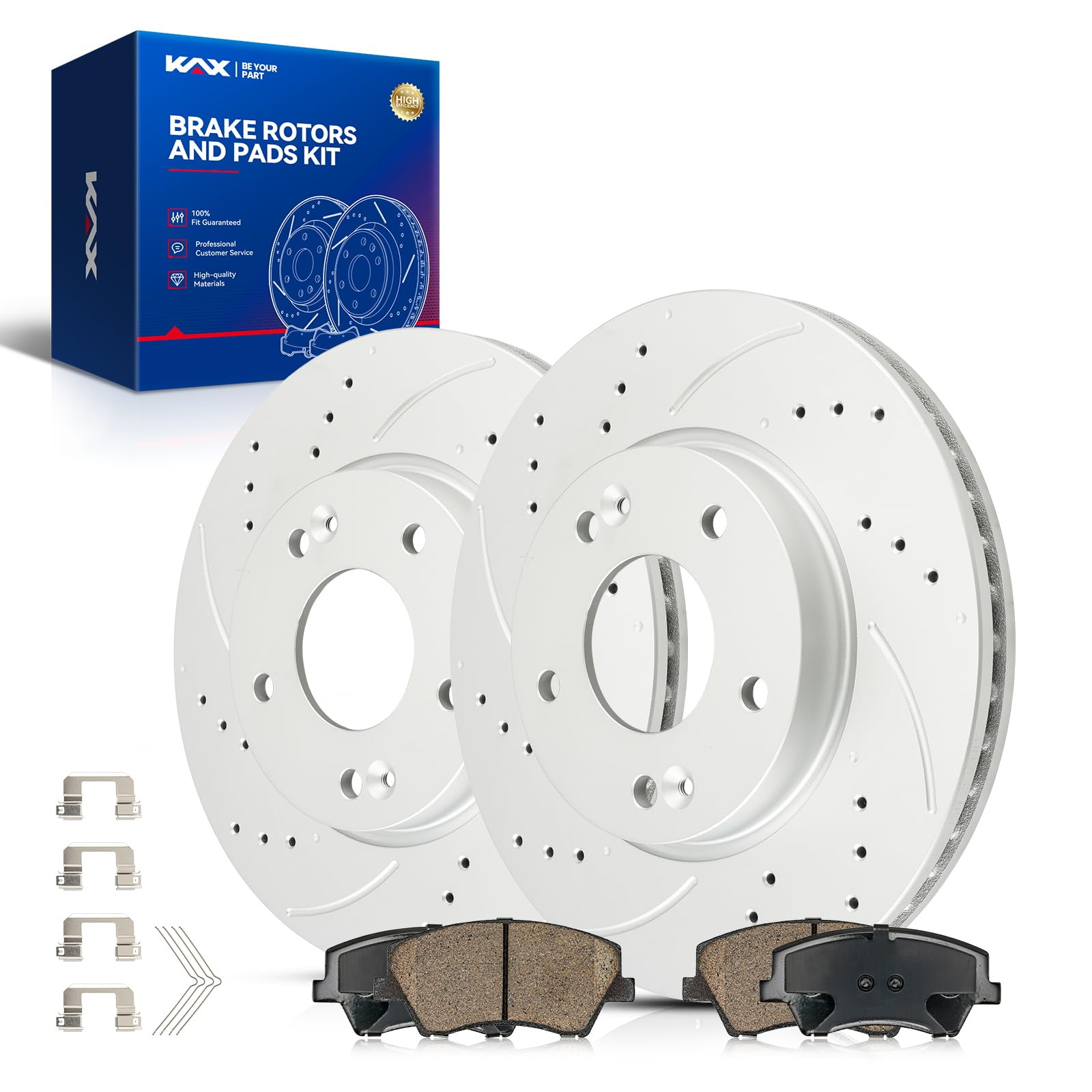 KAX Front Brake Kit, Drilled and Slotted Brake Rotors, Ceramic Brake Pads | Fits Hyundai Elantra 2017-2020 2.0L, Hyundai Elantra 2017-2020 1.4T, Automotive Replacement Brake Kit