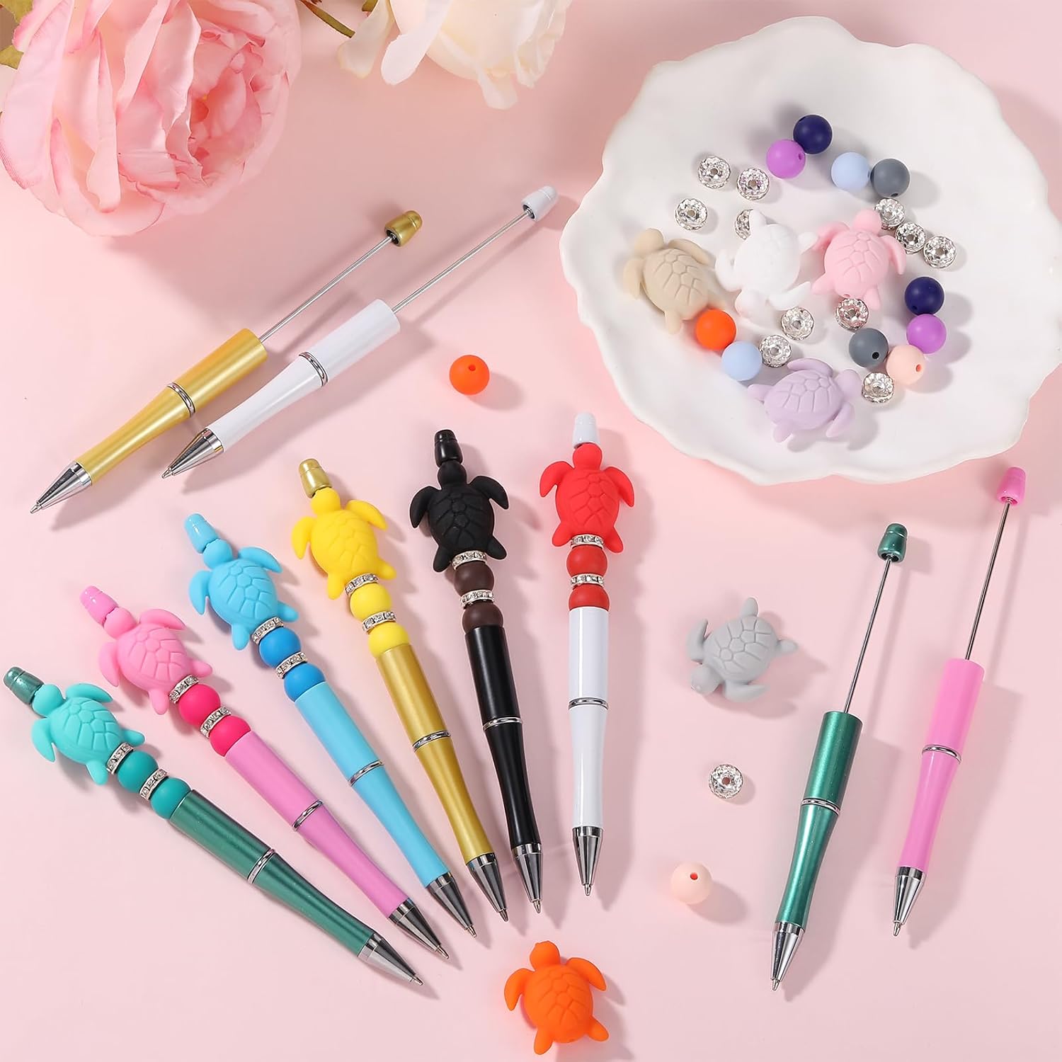 6 Set Beadable Pen Kit DIY Pens Plastic Beadable Pens Cute Various Silicone Beads Spacer Beads Suitable For Office School Gifts Handicrafts Office Supplies（Turtle） image 3