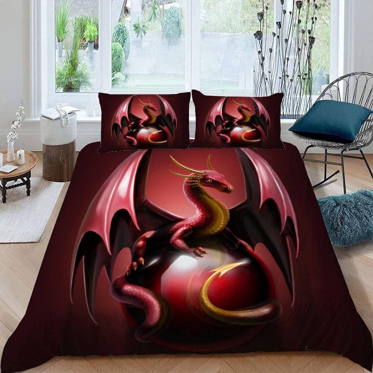 MEVASA Kids Bedding Dragon Duvet Cover Set - Red Dragon Fluffy Microfiber Hypoallergenic Single Duvet Cover 3 Pieces /135x200