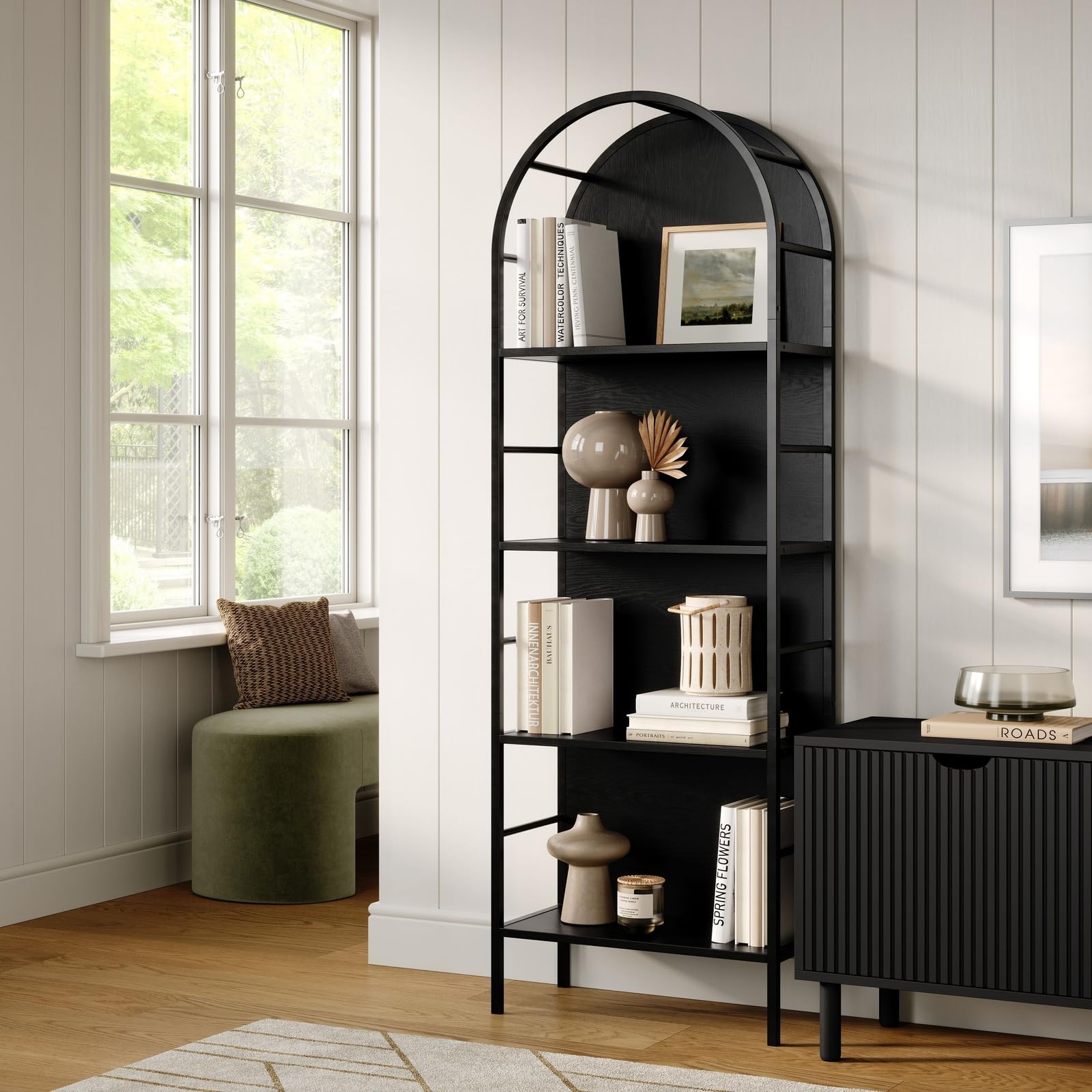Stead 4 Tier Black Arched Bookshelf for Modern Home Decor, Tall Bookcase Cabinet with Shelves, Wood Panel Backing & Grain-Textured Laminate Finish, Arched Cabinet, Black Bookcase, Modern Bookshelf