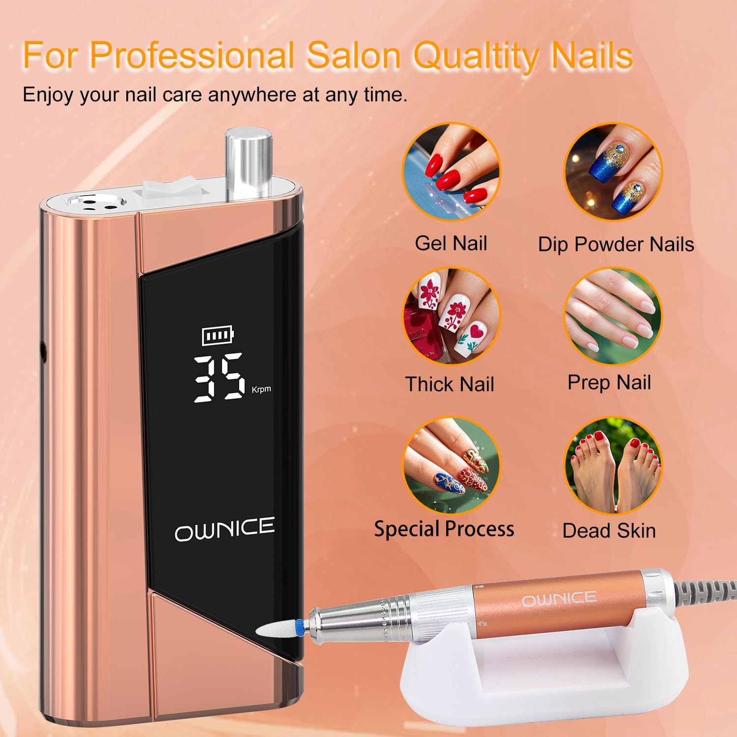 Electric Professional Nail Drill 35000RPM Cordless Portable Nail E-File Buffer Tools with Bits Perfect for Salon Manicure Pedicure Acrylic, Gel, Natural Nails(Rose Gold)