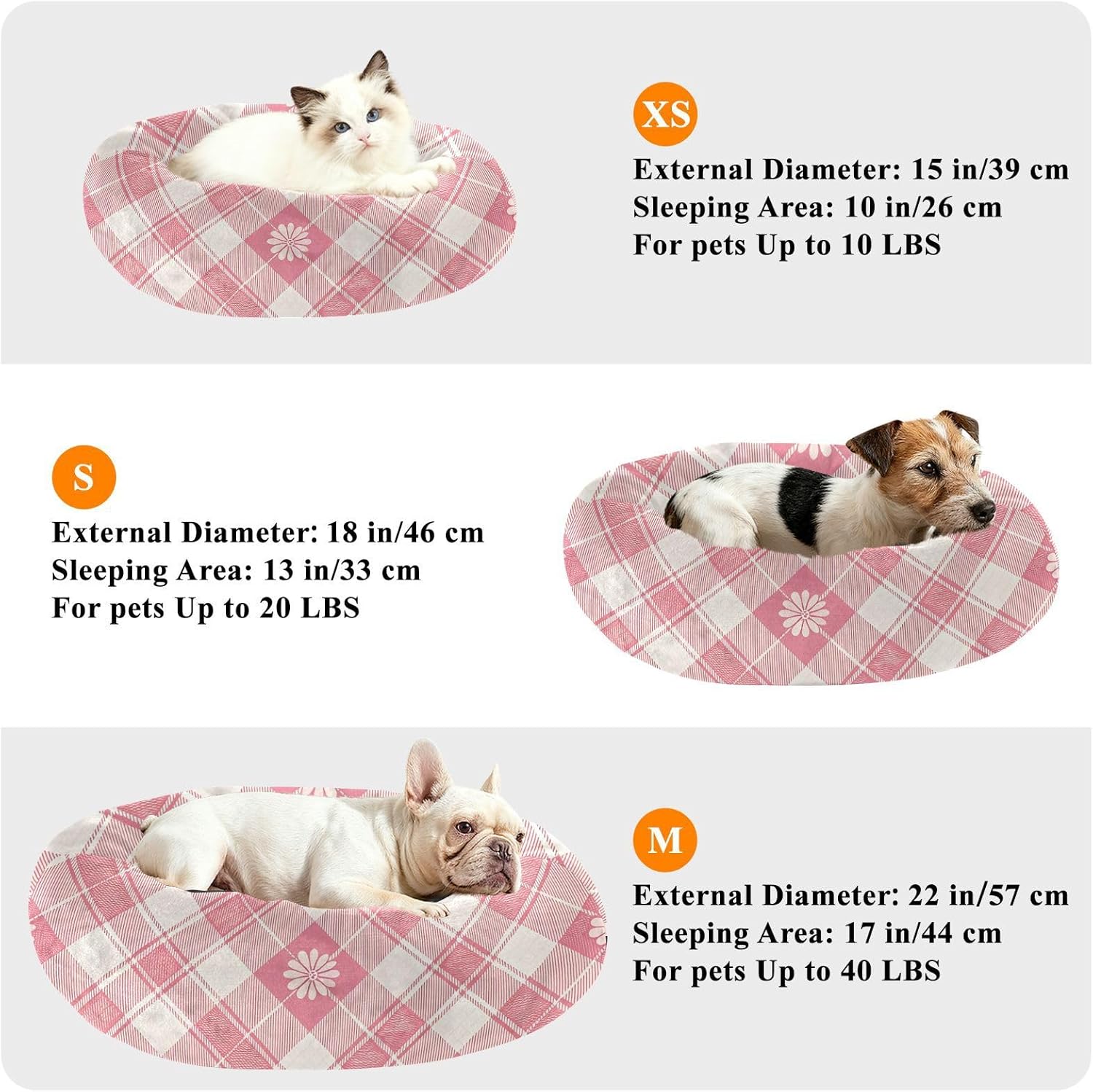 Dog Bed Ultra Soft Fluffy Comfortable Cat Bed, Pink Floral Gingham Washable Dog Beds Anti-Slip Round Pet Beds for Medium Dogs