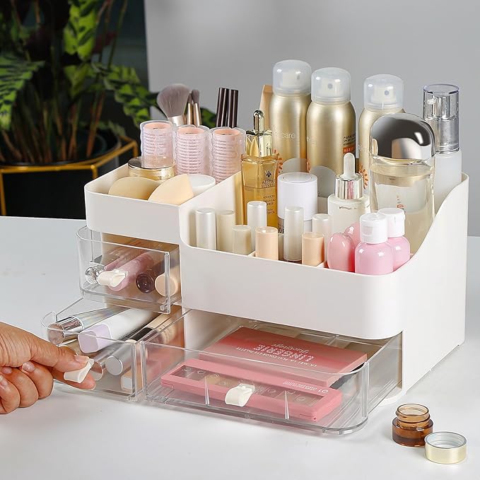 Loobuu White Makeup Storage Organizer with 3 Clear Drawers