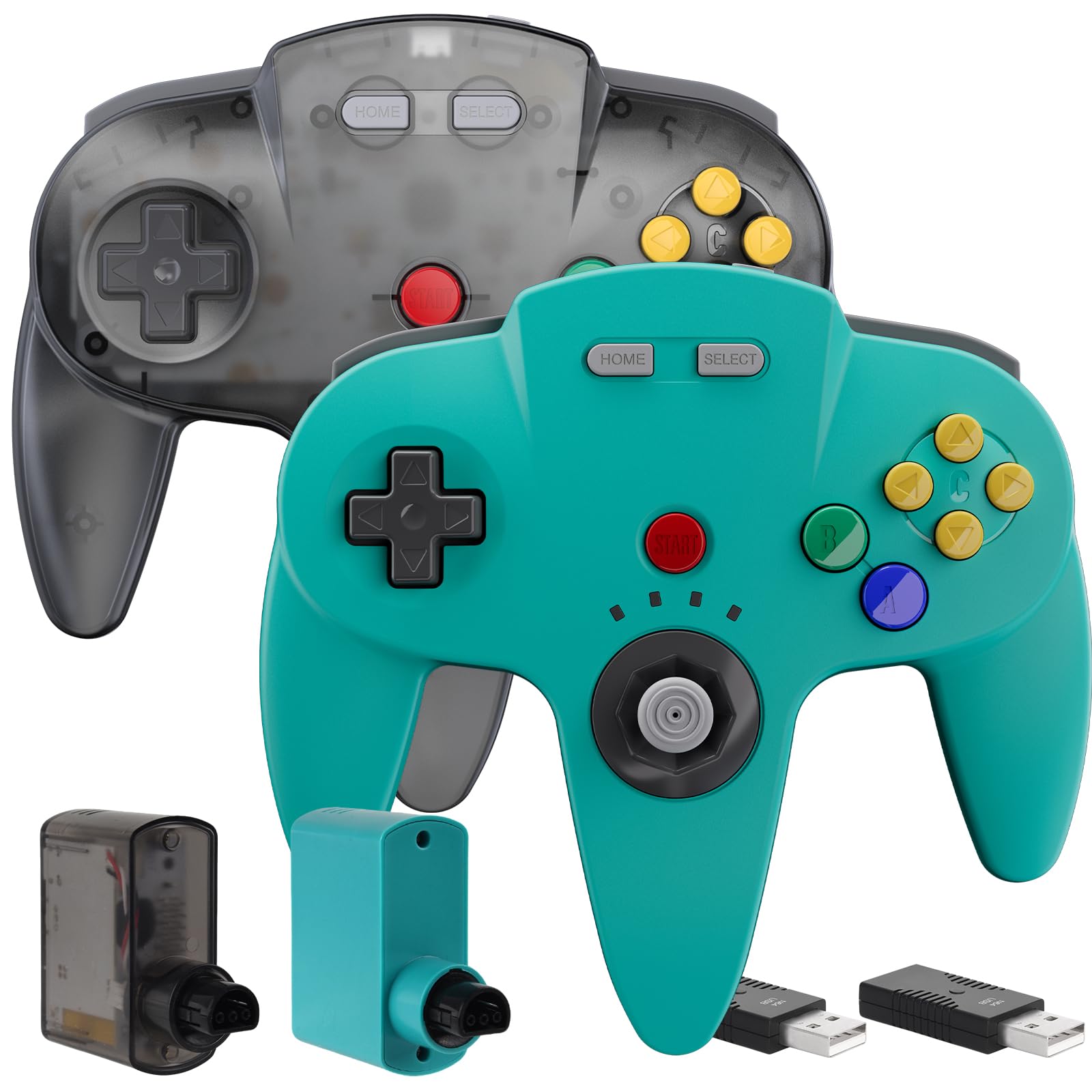 Confezione da 2 controller wireless N64 realizzati per Switch 1 e 2, console N64, ricevitori wireless da 2,4 GHz compatibili con Switch Online, PC Windows, macOS (vibrazione integrata) (ricaricabile