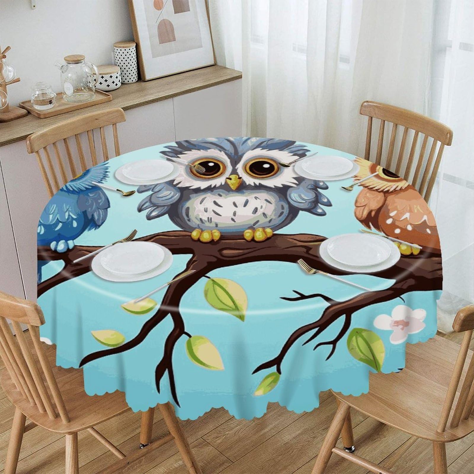 FekiLoot Owls on A Branch Round Tablecloths 60 Inch Resistant Washable Polyester Table Cloth Style Decorative Circle Fabric Table Cover for Dining Kitchen Party Farmhouse Outdoor