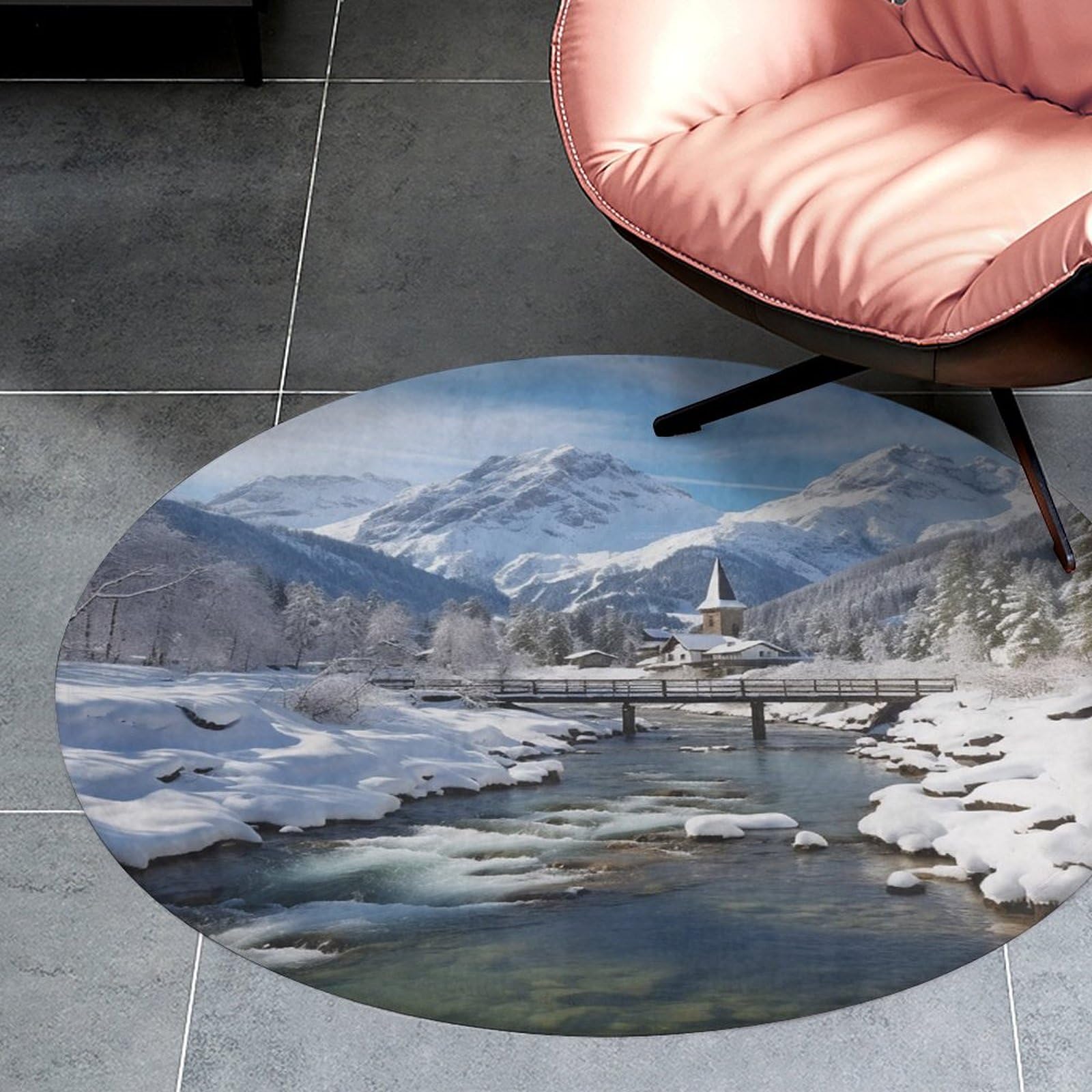 Tapis rond absorbant contre le sol froid, motif Alpes pour une chambre douce