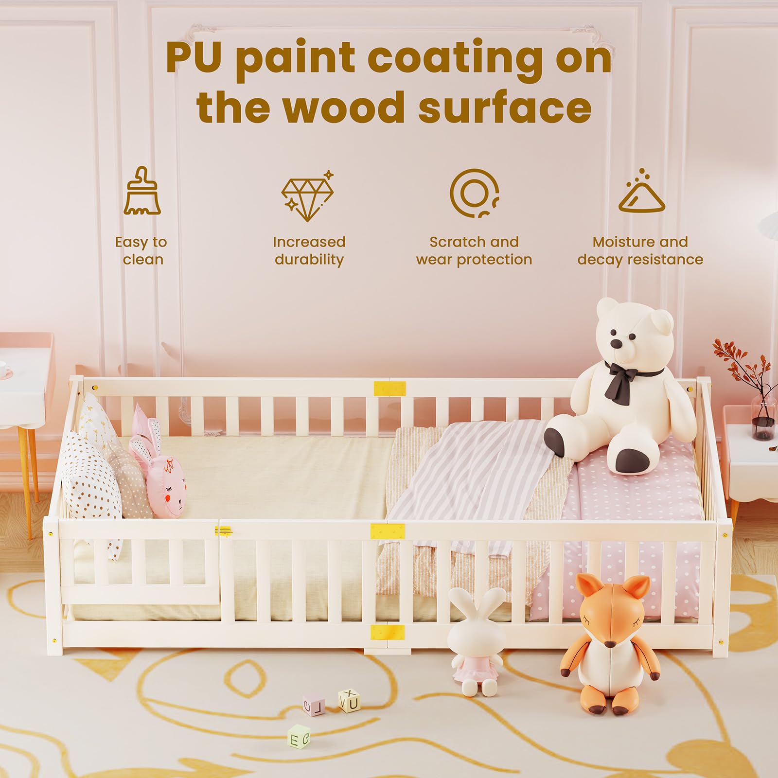 Montessori-Bodenbett 90×200 cm Kiefernholz massiv mit Rausfallschutz weiß für Kinder 1–3 Jahre