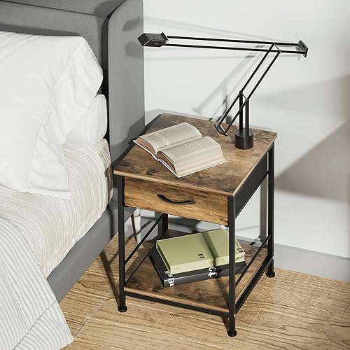 Miniatura 2 de MoNiBloom Mesitas de noche con estante de almacenamiento y cajón de tela, mesita de noche industrial de 2 niveles, mesa auxiliar para dormitorio,