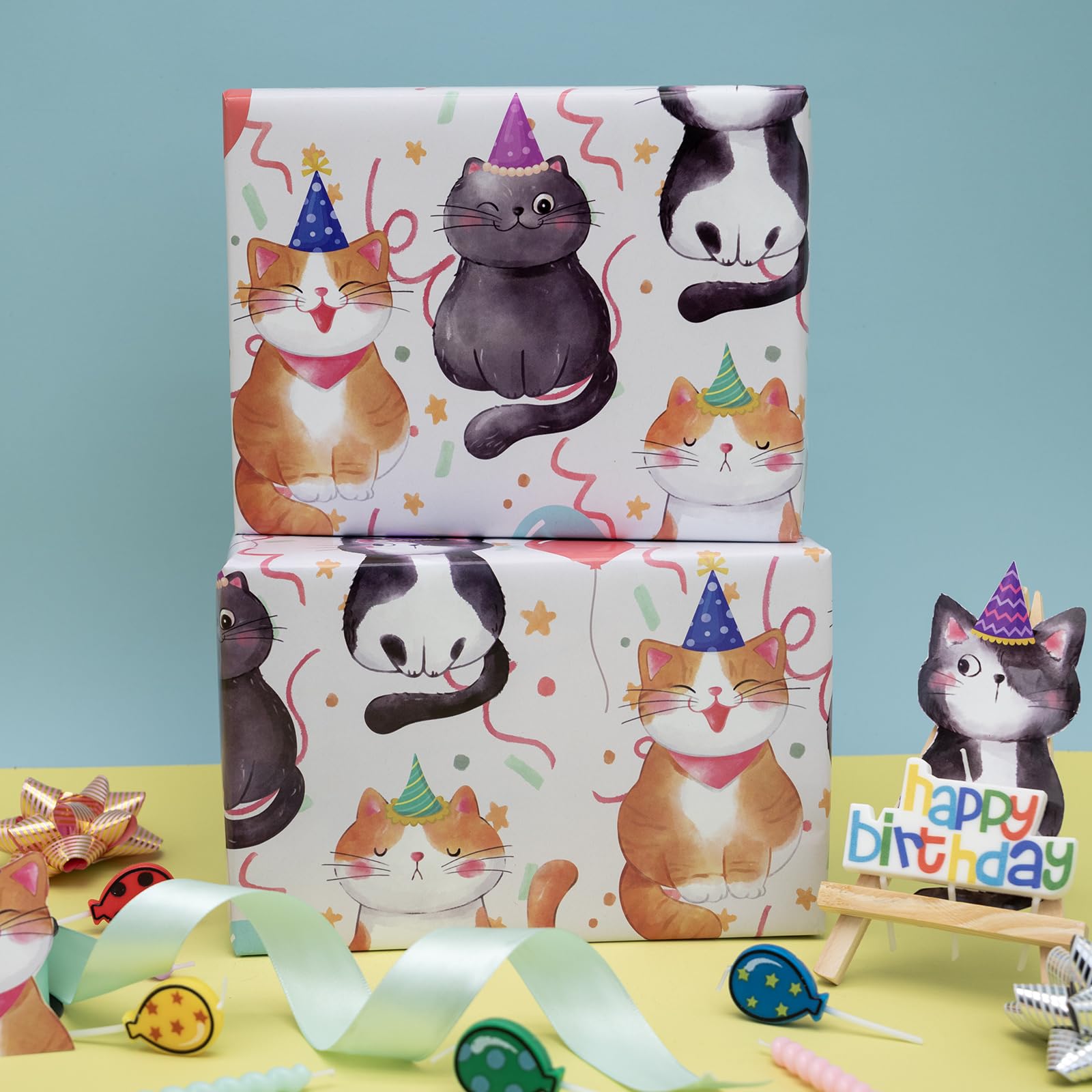 Dtiafu Papel de regalo de cumpleaños de gato, feliz cumpleaños, divertido envoltorio para niñas, niños, mujeres, cumpleaños, baby shower, vacaciones, 20 x 28 pulgadas por hojas (6 hojas)