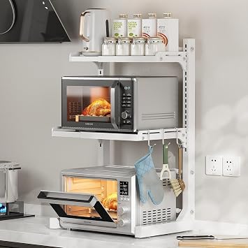 ABCOOL Retractable Adjustable 2 Axial Kitchen Baker Microwave Oven Rack, 2 Tier Expandable and Height Adjustable Carbon Steel Shelf Counter Countertop with 3 Clip Hooks, Electric Oven Holder