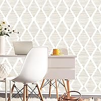 Vista 2 de Yun-aeon Papel tapiz de 17.7 x 120 pulgadas, diseño de rayas blancas y beige, papel de contacto moderno de diamante, geométrico, extraíble