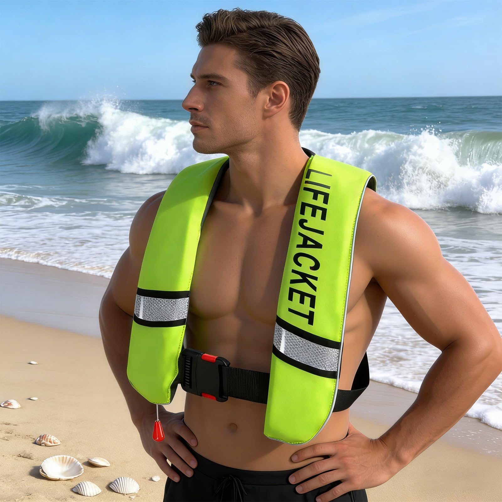 Chaleco inflable para deportes acuáticos con cierres ajustables, acento reflectante, soporte de flotación para pesca, navegación, chaleco para exteriores