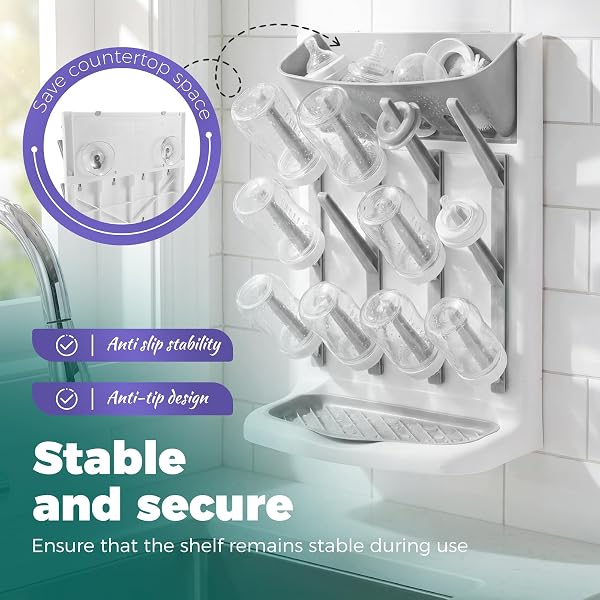 Baby Bottle Drying Rack with 2 Suction Cups, Vertical Standing Bottle Dryer Rack Holder, Detachable Drip Tray, Holds Up to 12 Bottles & Accessories, Countertop Organizer (grey) - 3