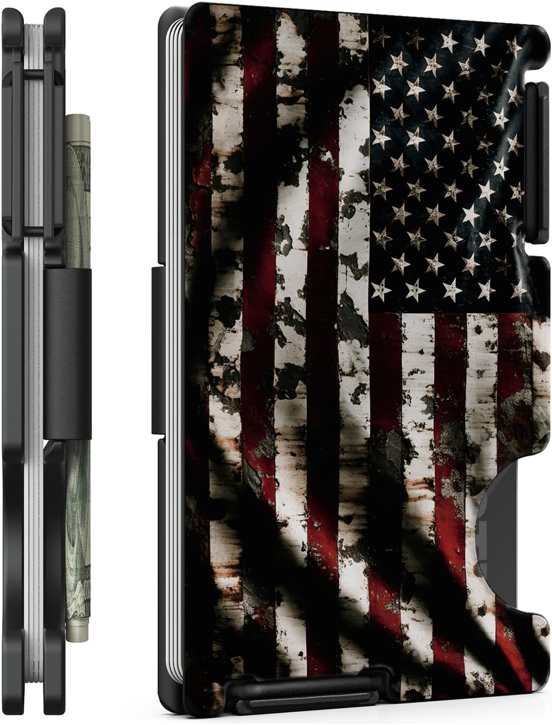 Minimalist Metal Wallet for Men, Ultra-Thin Aluminum Card Holder with Cash Strap, Slim Front Pocket RFID Blocking Wallet, Personalized American Flag-00