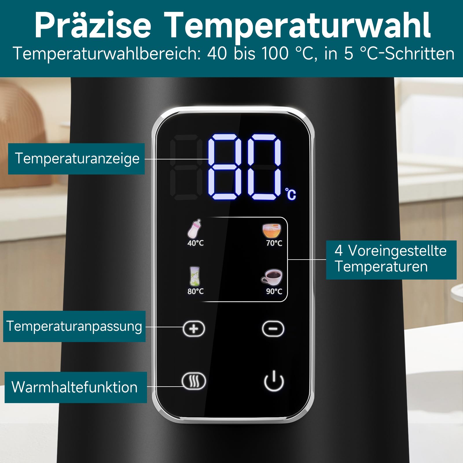 Czajnik elektryczny z regulacją temperatury, 1,7 l, czajnik ze stali nierdzewnej, 2200 W, czajnik do herbaty z 40-100°C, automatyczne wyłączanie prądu, funkcja utrzymania ciepła, ochrona przed